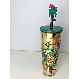 NEW Starbucks Christmas Reindeer Tumbler Gold Green 2024 Topper Straw 24 oz